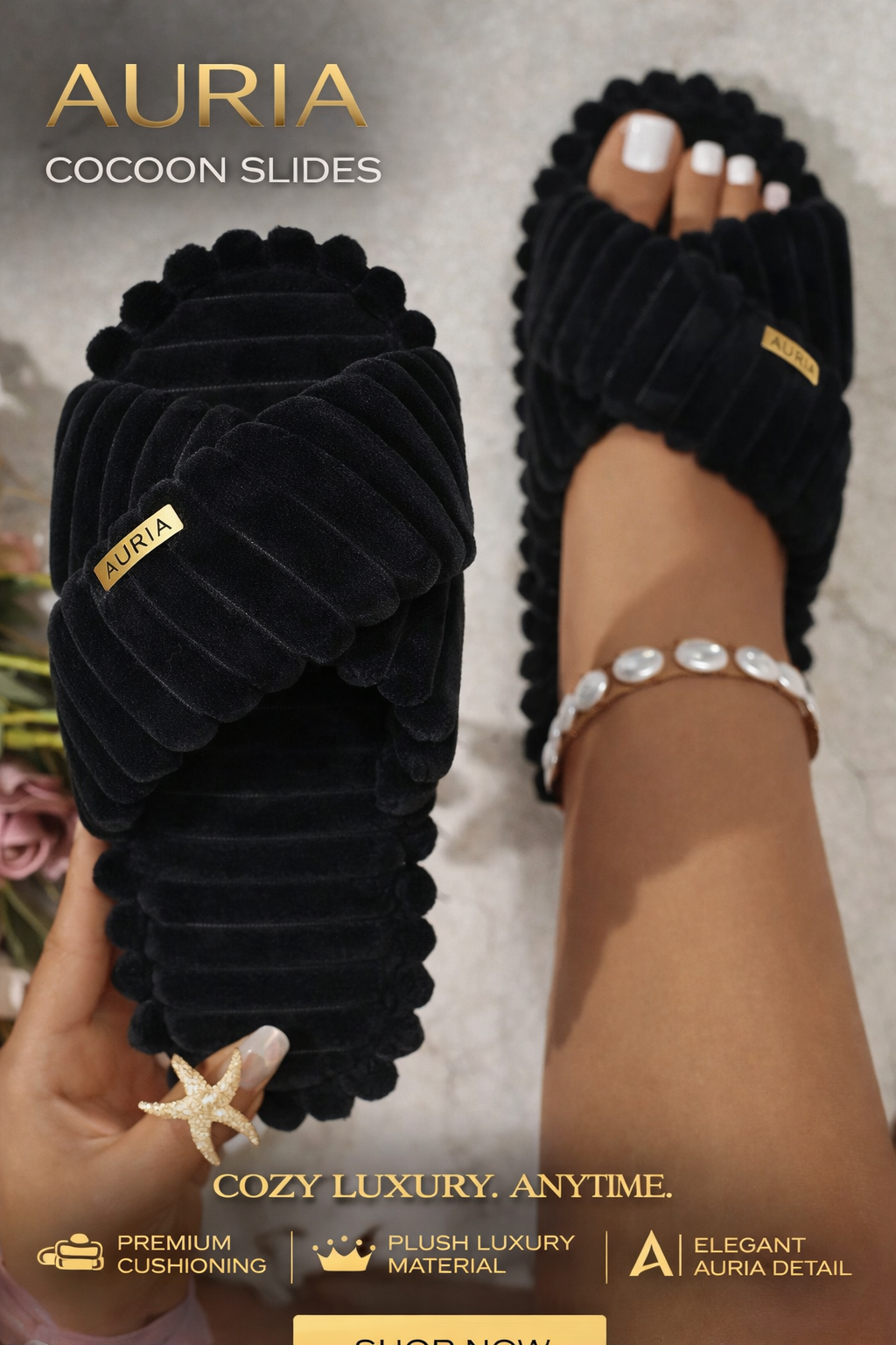 AURIA Cocoon Slides — Black Plush